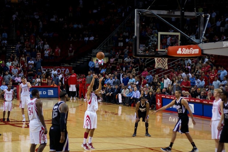 View from the courtside seats at the Toyota Center during a Houston Rockets game.