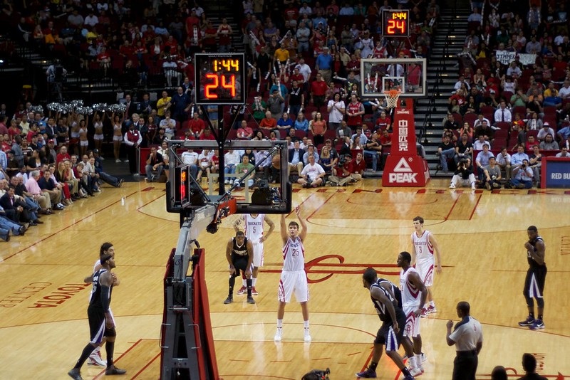 View from the lower level seats at the Toyota Center during a Houston Rockets game.