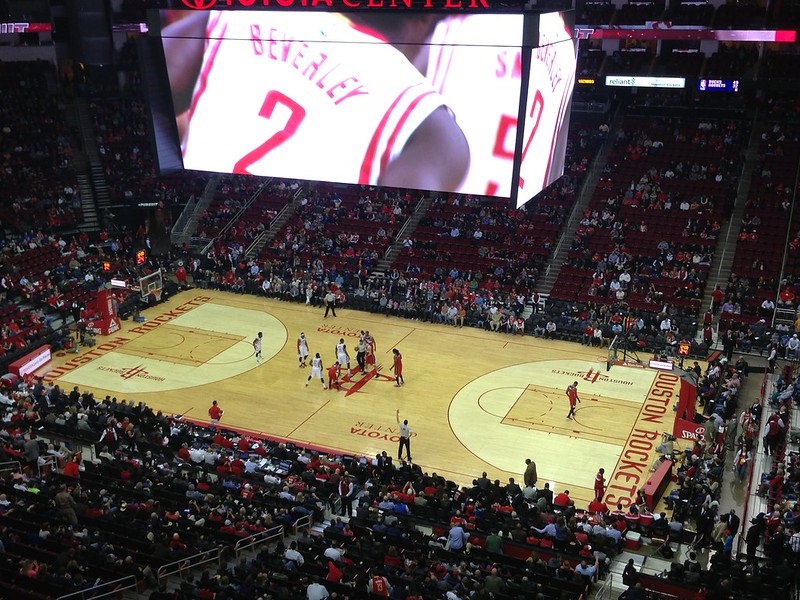 View from the upper level seats at the Toyota Center during a Houston Rockets game.