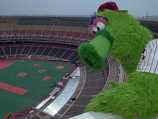 Photo of Philadelphia Phillies mascot "Philly Phanatic" on the upper level of Veterans Stadium.  