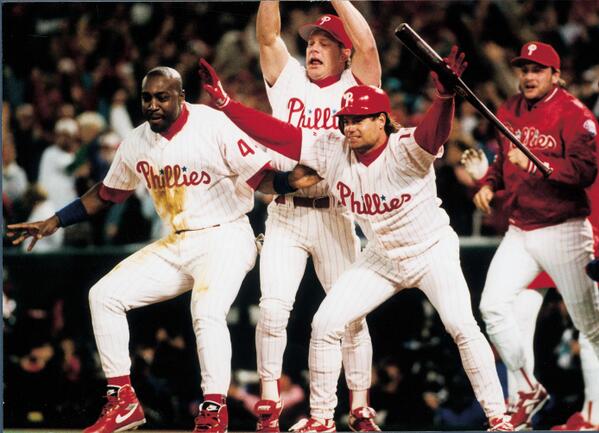Photo of Philadelphia Phillies players celebrating a walkoff win at Veterans Stadium during the early 1990's. 