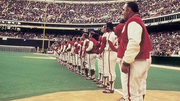 Photo of the National Anthem being sung during Opening Day 1971 at Veterans Stadium.