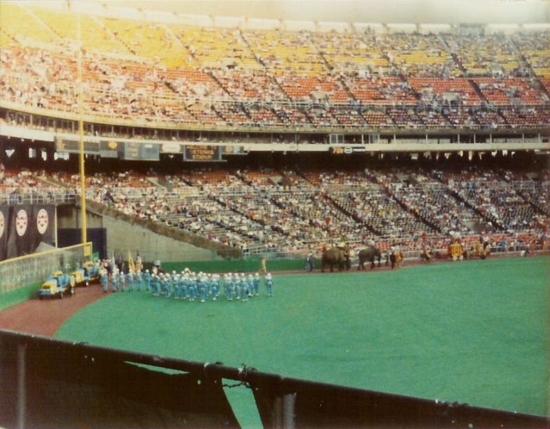 Photo of the playing field beyond the outfield wall at Veterans Stadium.