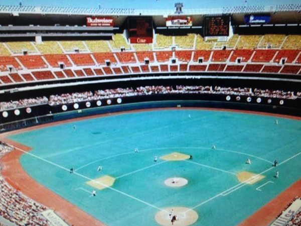 Photo of the playing field from the upper deck at Veterans Stadium. 