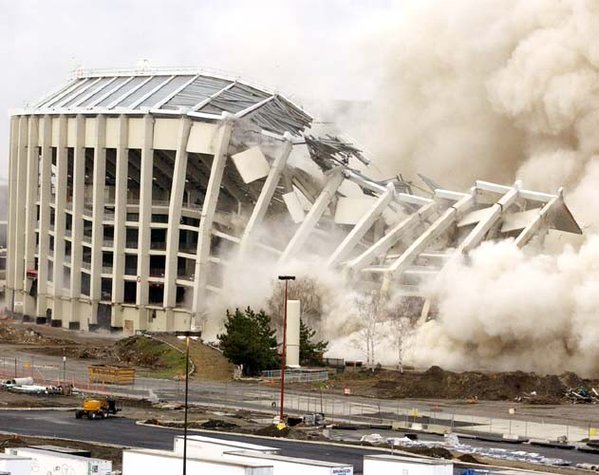 Photo of the Veterans Stadium implosion on March 21st, 2004.  