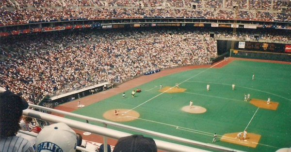 Photo of the playing field at Veterans Stadium from the upper level on the first baseline.  