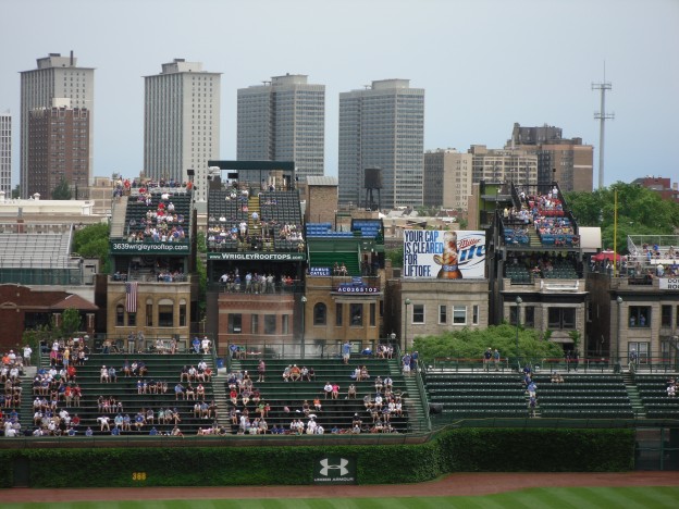 Photo of Wrigleyville Rooftops behind Wrigley Field in Chicago, Illinois.