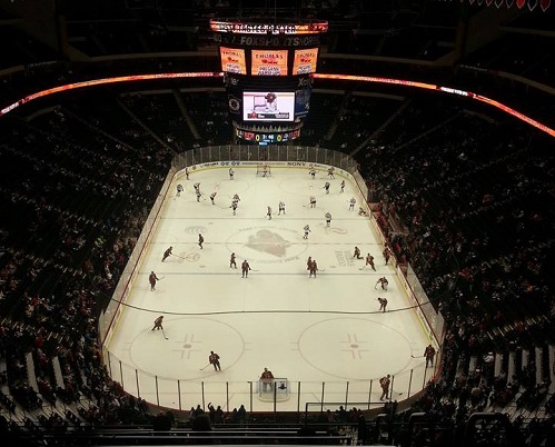 View from the upper level seats of the Xcel Energy Center during a Minnesota Wild game.
