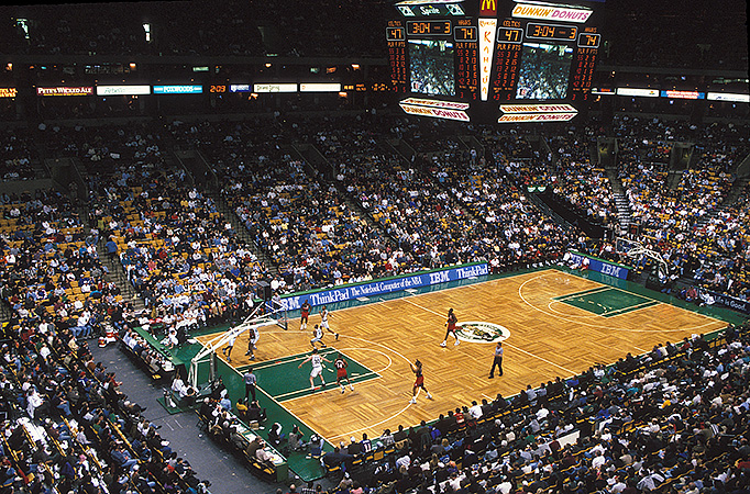 Photo of the court at the old Boston Garden, former home of the Boston Celtics.