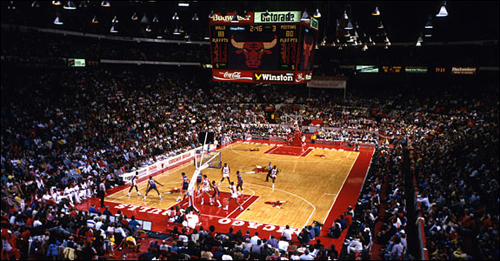 Photo of Chicago Stadium during a Chicago Bulls game.