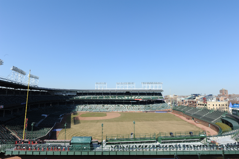 Photo of Wrigley Field from the Lakeview Baseball Club rooftop.