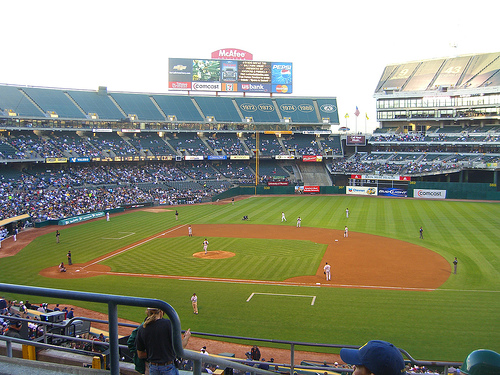 Photo of the field at Oakland Coliseum during an Oakland Athletics game.
