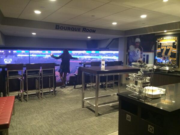 Photo of the Bourque Room suite at the Td Garden during a Boston Bruins game.
