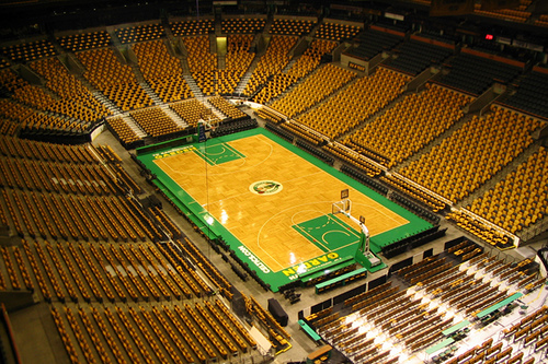 Photo of the court at the TD Garden, home of the Boston Celtics.