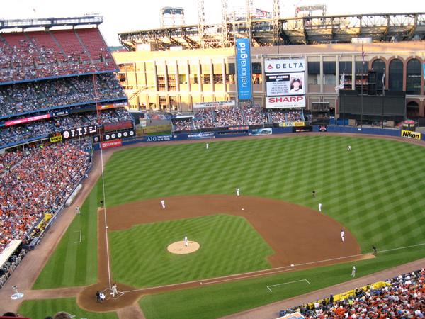 View of the playing field from the upper deck at Shea Stadium.
