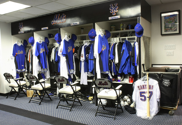Photo of the New York Mets locker room at Shea Stadium.
