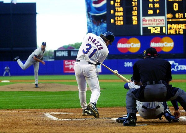 New York Mets legend Mike Piazza hitting a home run during the "Subway Series" vs. the New York Yankees in 2000.