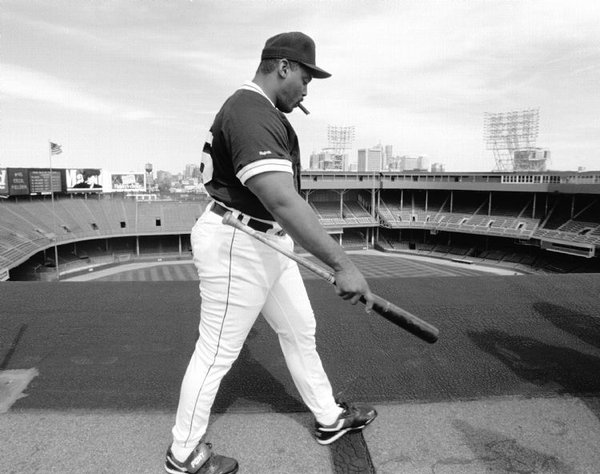 Photo of Detroit Tigers legend Cecil Fielder walking atop Tiger Stadium.