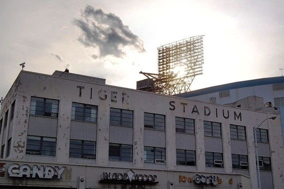 Exterior photo of a vacant Tiger Stadium.