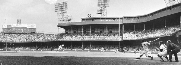 Black and white photo of a game at Tiger Stadium.