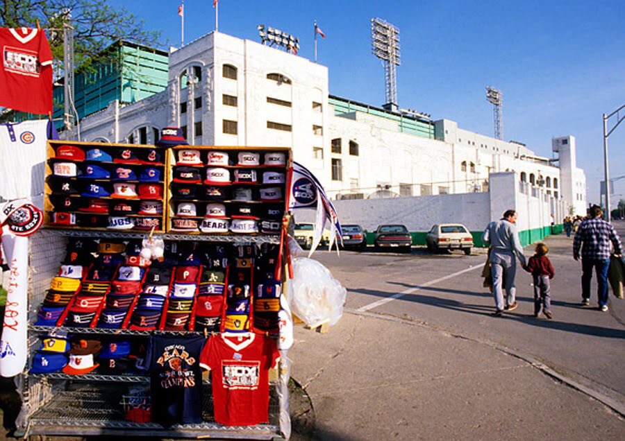 Photo of a street vendor outside of Comiskey Park before a White Sox home game.