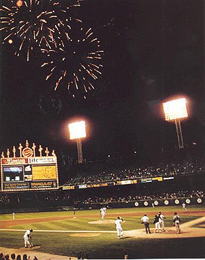 Photo of the last fireworks at old Comiskey Park - a home run by Frank Thomas.