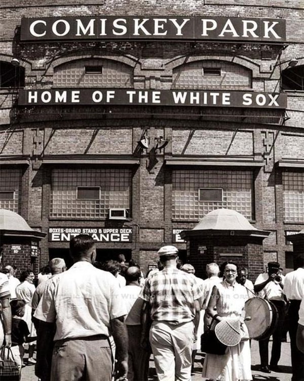 Exterior black and white photo of Old Comiskey Park in Chicago, Illinois.