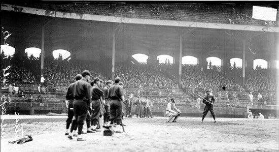 Black and white photo of the Chicago White Sox vs. Chicago Cubs at Comiskey Park in 1912.