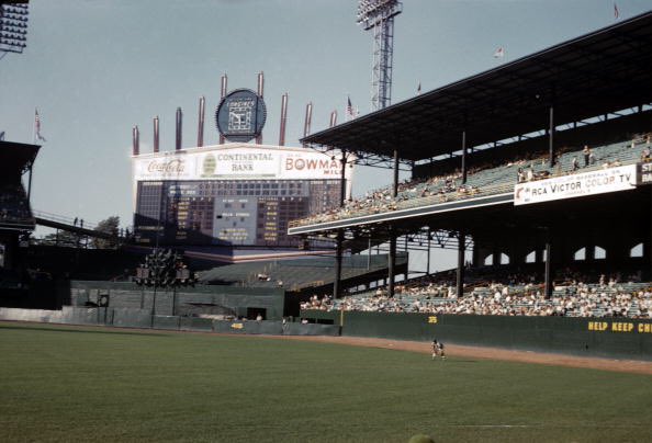 Photo of the Comiskey Park outfield and scoreboard.