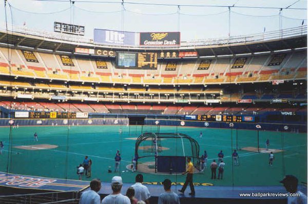 View of the playing field at Three Rivers Stadium from behind home plate. 