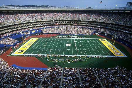 Photo of the field from the upper level at Three Rivers Stadium during a Pittsburgh Steelers game.