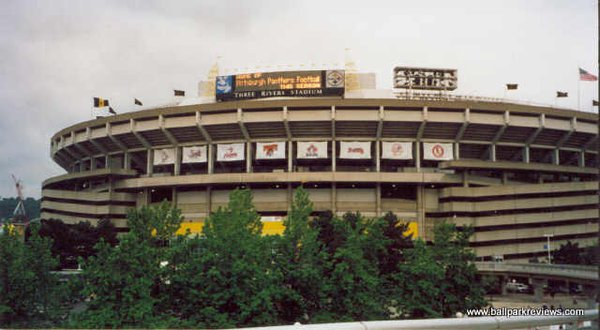 An exterior photo of Three Rivers Stadium in Pittsburgh, Pennsylvania.