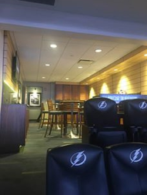 Interior photo of a luxury suite at Amalie Arena, home of the Tampa Bay Lightning.