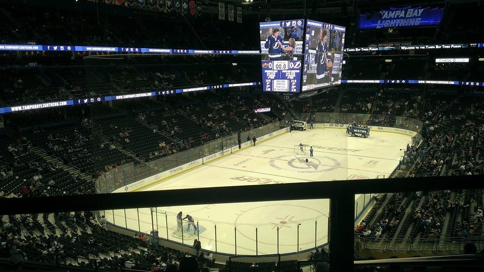 View from the suite level at Amalie Arena during a Tampa Bay Lightning game.