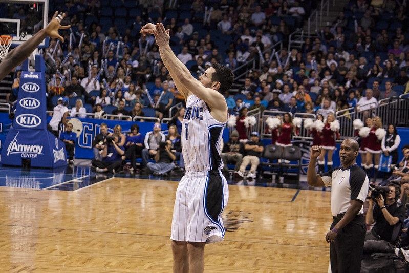 Photo taken from the courtside seats at the Amway Center during an Orlando Magic home game.