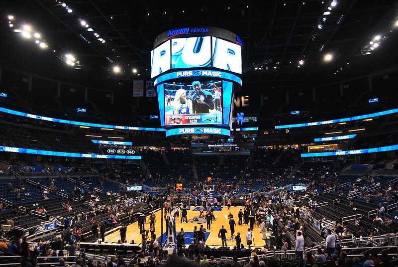 Photo taken from the lower level seats at the Amway Center during an Orlando Magic home game.
