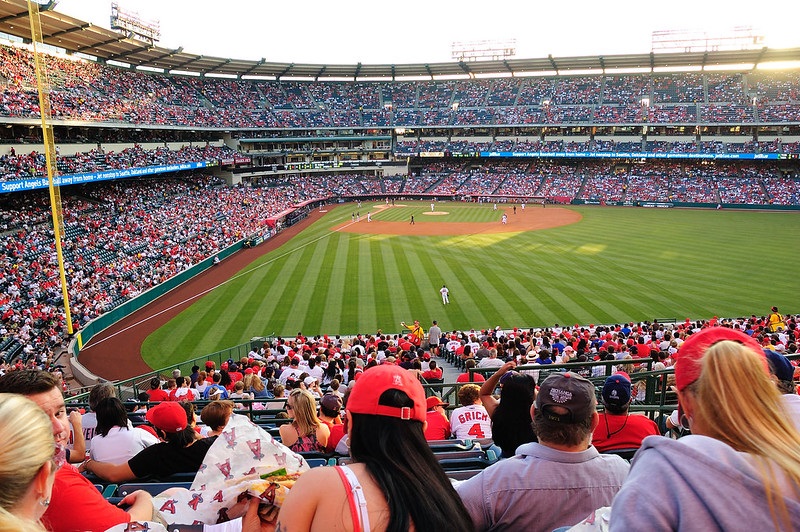 Photo taken from the outfield seats at Angel Stadium of Anaheim during a Los Angeles Angels home game.