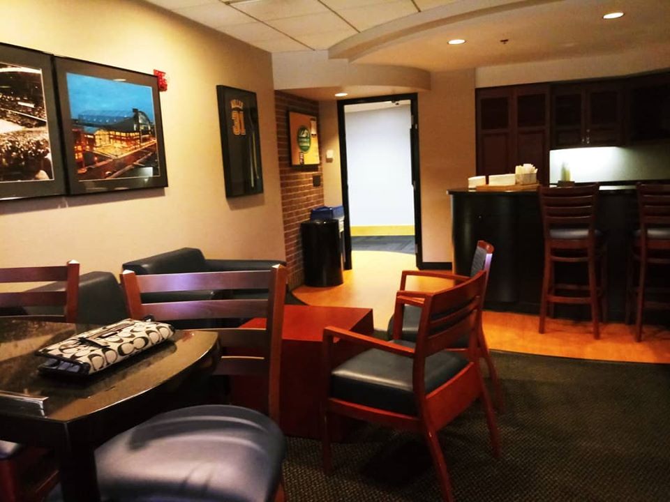 Interior photo of a luxury suite at Bankers Life Fieldhouse. Home of the Indiana Pacers.