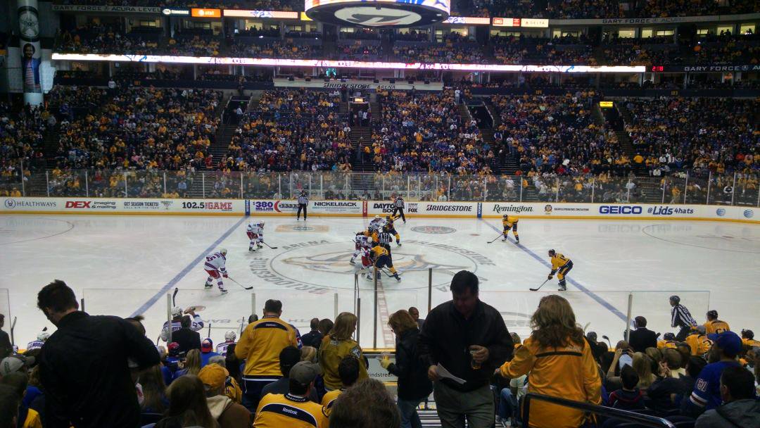 View from the lower level seats at Bridgestone Arena during a Nashville Predators game.