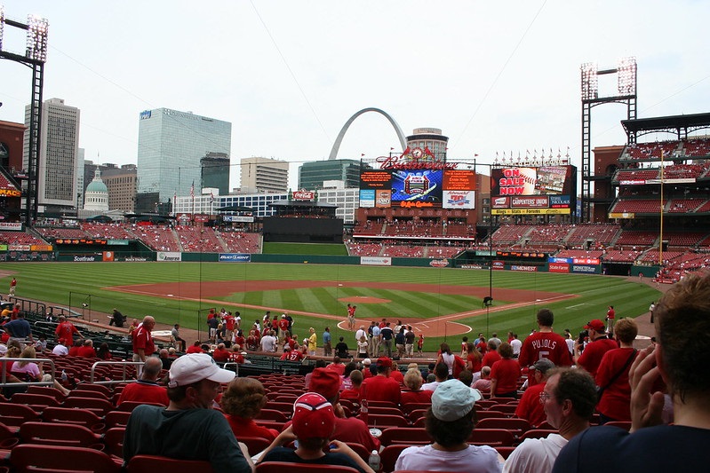 Photo taken from the lower level seats at Busch Stadium during a St. Louis Cardinals home game.
