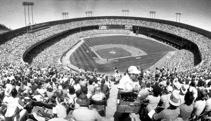 Photo of the playing field from the upper deck during a Giants day game. 