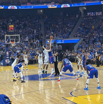 View from the riser seats at the Chase Center during a Golden State Warriors game.