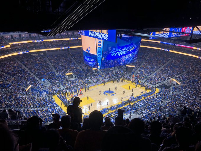 View from the upper level seats at the Chase Center during a Golden State Warriors game.