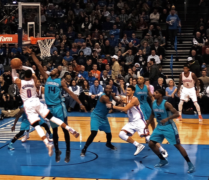 Photo taken from the lower level seats at Chesapeake Energy Arena during an Oklahoma City Thunder home game.