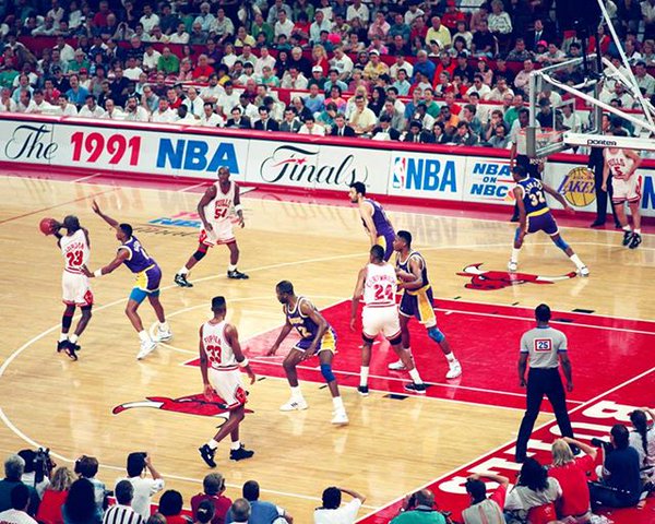 Photo of the Chicago Bulls vs. the Los Angeles Lakers during the 1991 NBA Finals. 