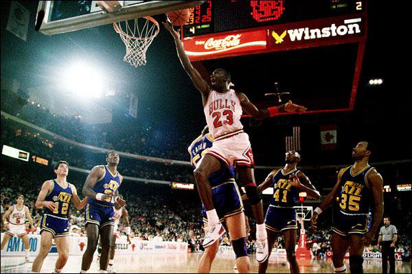 Photo of Michael Jordan vs. Karl Malone and the Utah Jazz at Chicago Stadium. 