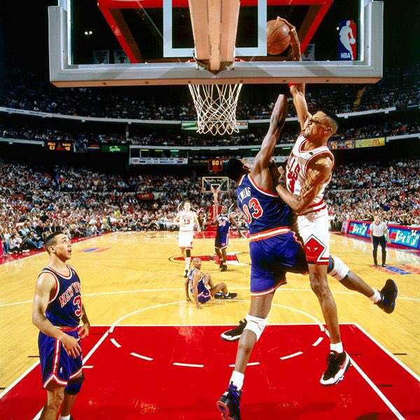 Photo of Scottie Pippen dunking on Patrick Ewing of the New York Knicks.  May 20th, 1994.