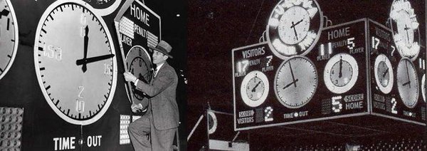 Photo of the old analog scoreboard that hung at Chicago Stadium until 1976. 
