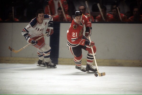 Photo of legendary Chicago Blackhawks center Stan Mikita vs. the New York Rangers. 