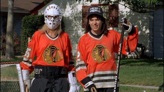 Photo of Mike Meyers and Dana Carvey in Chicago Blackhawks jerseys.